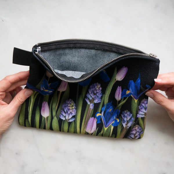 Zipper Bag~ iris and tulips on black